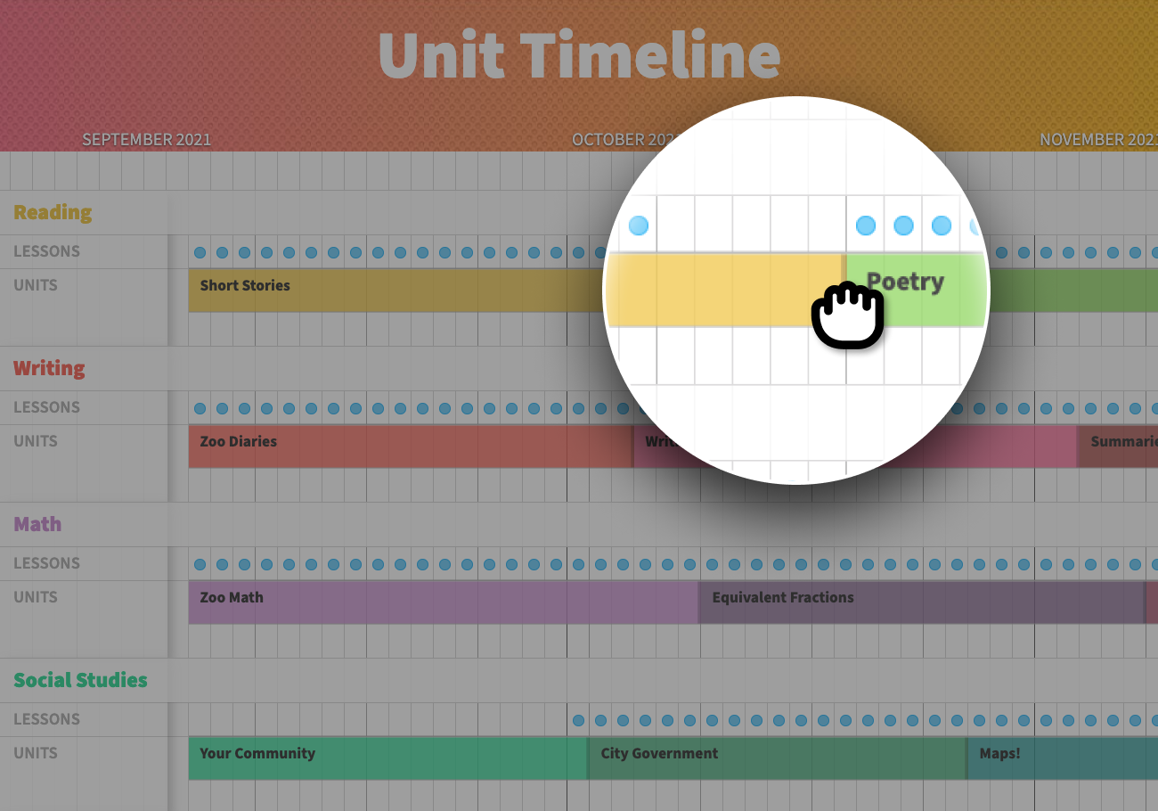 In the unit timeline view, a magnifying circle highlights where to click to shorten or lengthen a unit.