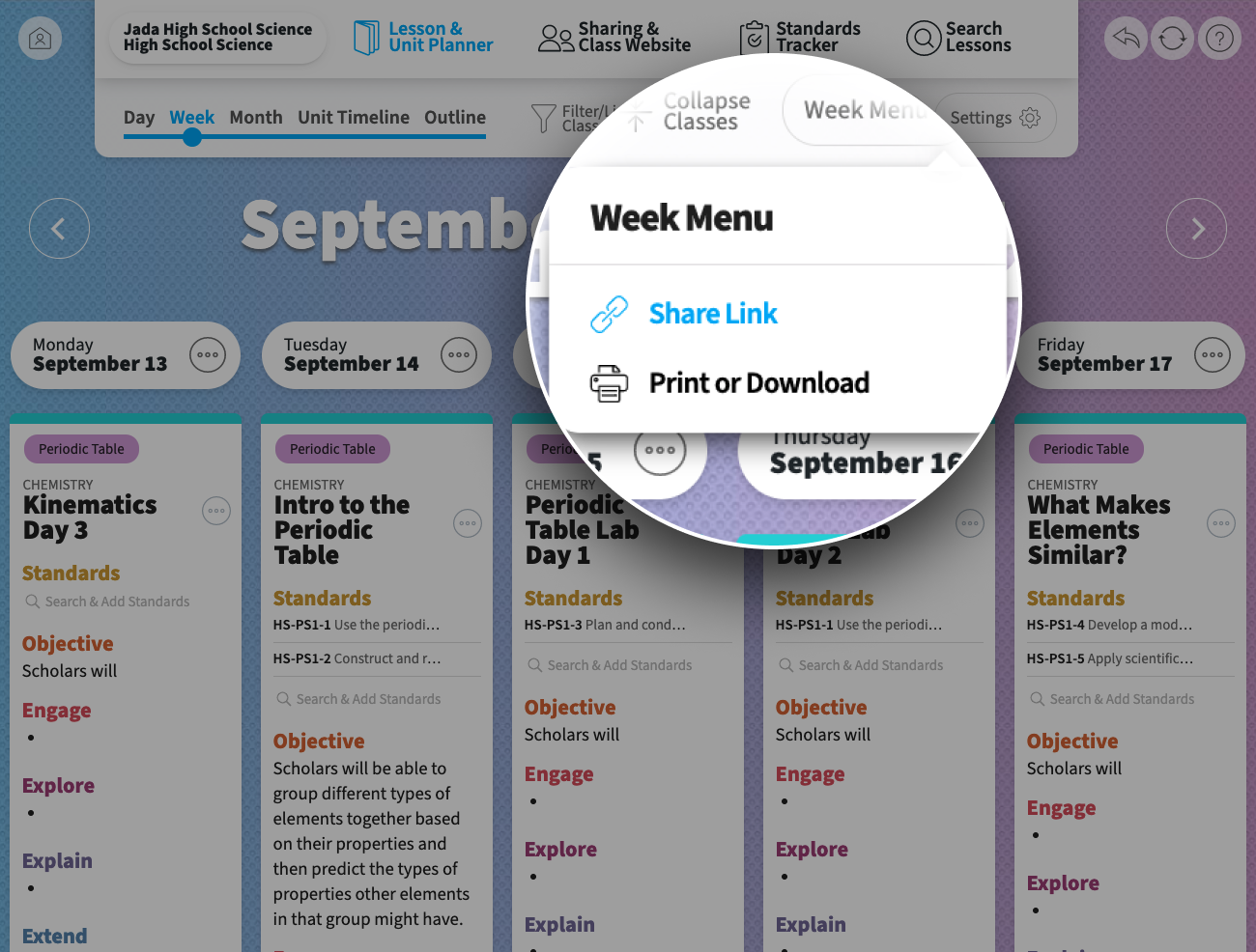 Screenshot of Jada's planbook showing her selecting the share link option in the week menu