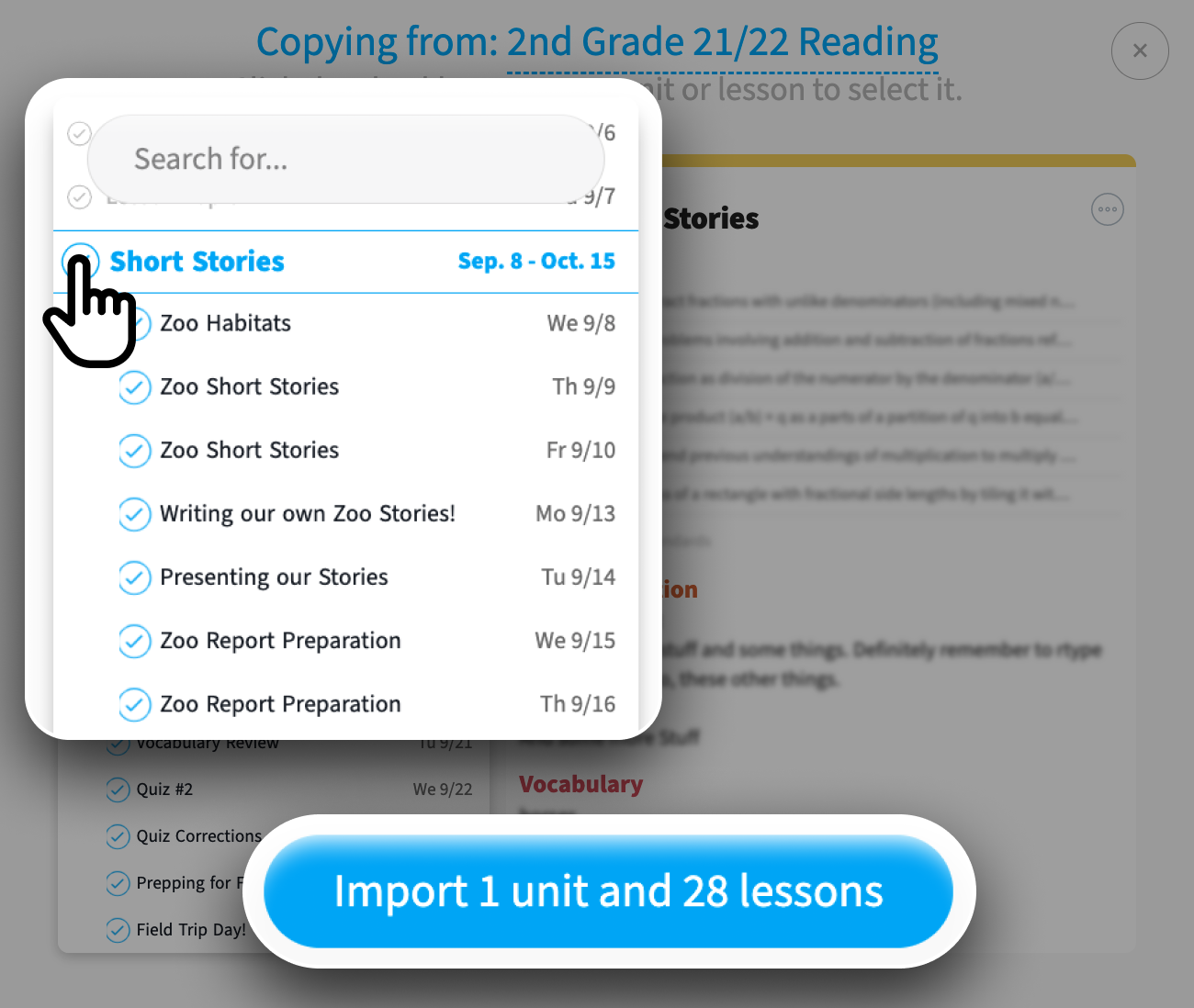 Barb selects an entire unit with lessons from another colleague's planbook to be copied into her own planbook